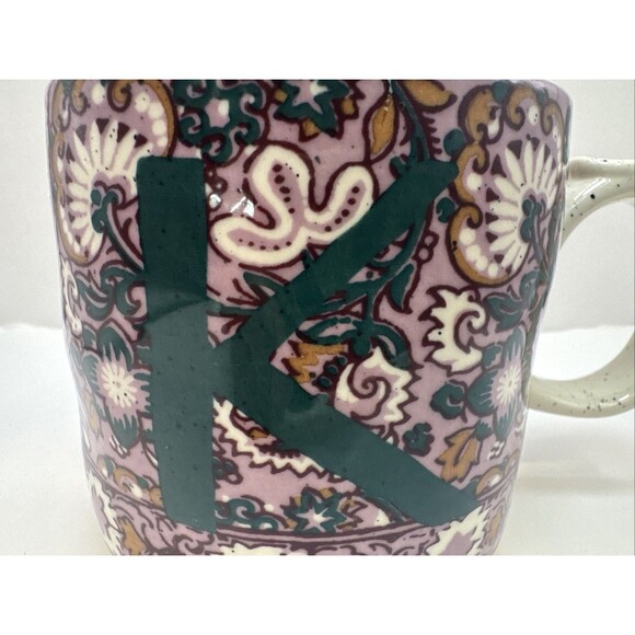 ANTHROPOLOGIE Block printed Monogram Letter K Mug Purple Floral Boho Coffee - Picture 2 of 10
